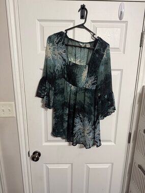 Flowy Teal Green Floral Tunic with Smocked Bodice